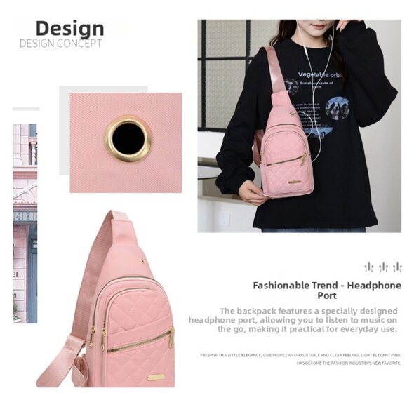 Small Quilted Crossbody Sling Backpack With Multi-Pockets & Headphone Port - Bla - Picture 5 of 11